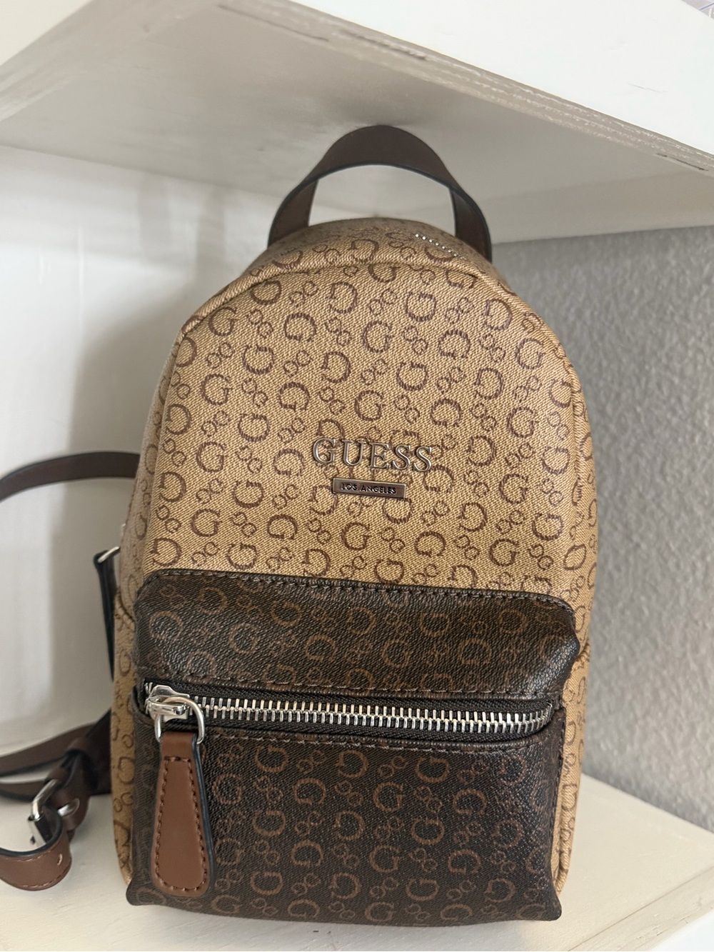 GUESS Brown and Tan Logo Mini Backpack
